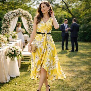 Coast Larrison Printed Satin Faux Wrap Midi Dress Yellow Floral 12 Wedding Guest